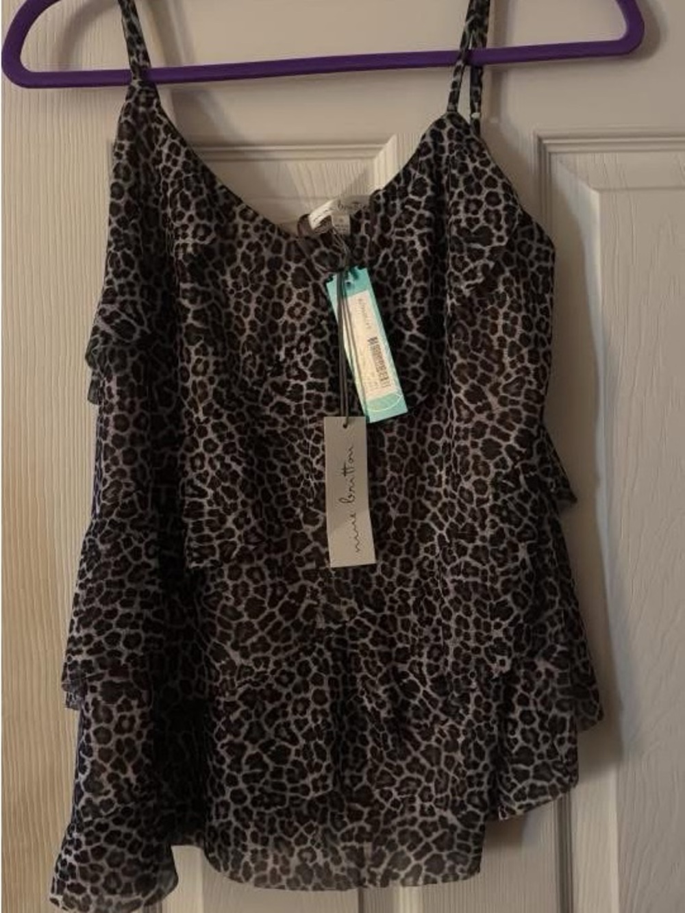 nine britton Black and Gray Leopard Ruffle Cami